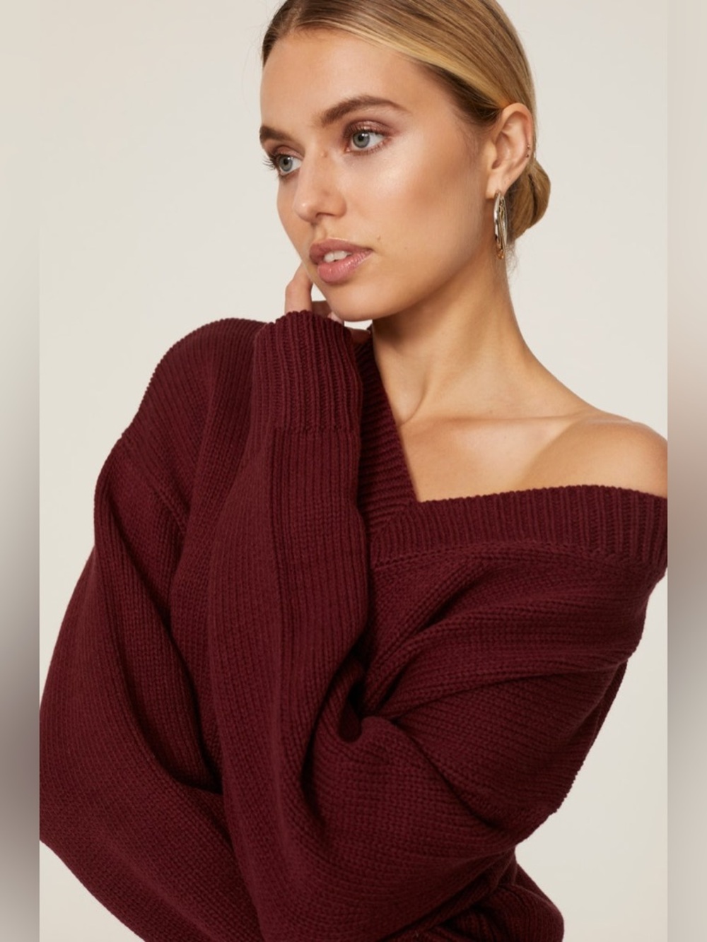 Jason Wu Burgundy Cotton Blend V Neck High Low medium Chunky Sweater Size Medium